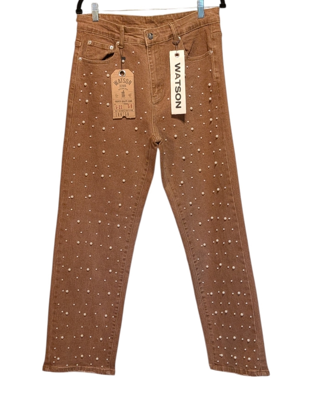 Watson Pearl-Embellished Wide Leg Jeans in Brown